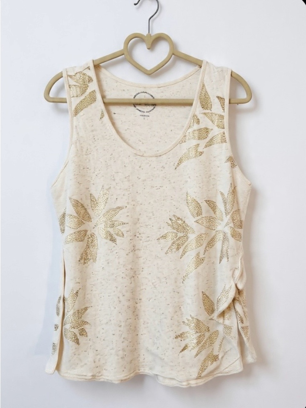 Lucky Brand Gold Foli Palm Tank Top Oatmeal Linen Blend Sleeveless Size L